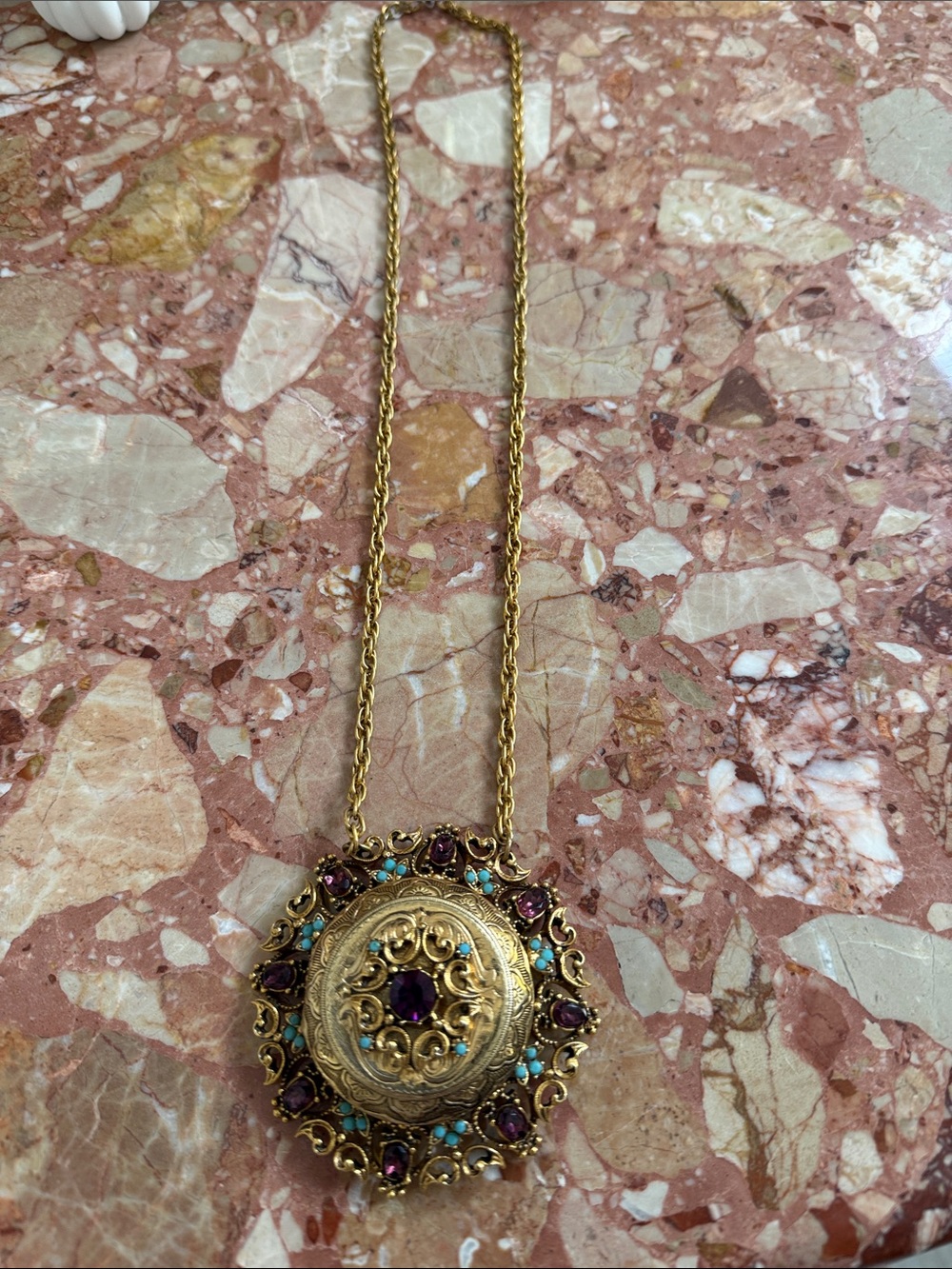 Gold-Tone Pendant Necklace with Purple and Turquoise Accents